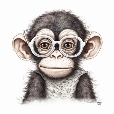 kawaii adorable baby chimpanzee wearing cute glasses, nursery art, clipart image, line art image, white background, inspired by yoshitaka amano art, very detailed, 8k