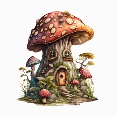 bright realistic Magical Mushroom House with faires, watercolor colors clipart style, on white background, 32k, full high definition, ultra clear image, ultra fine lines, hyper-realistic detail, whole imagine with thick black outline