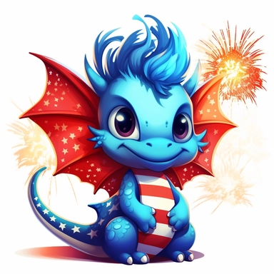illustration of red cute baby dragon, wearing red white and blue american flag colors, fireworks in background, 4th of july, clipart svg, white background