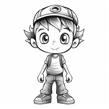 little boy doll style, black outline thin lines, jeans, sneakers, cap, ruffled hair, cartoon, clipart, cute eyes, illustration for kids, disney,