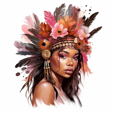 watercolor, white background, clipart, watercolor, white background, ultra-realistic and hyper-detailed clipart beautiful elegant black woman in a boho style with flowers and feathers in her hair, pink, brown golden hues