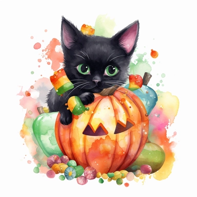 a large Halloween pumpkin, pumpkin is filled with colorful wrapped candies, lollipops, and candy corn, inside the pumpkin is a cute little black kitten with big green eyes, scattered candy is laying flat around the pumpkin, Halloween colors, magic, fantasy, watercolor, clipart style, white background with margins