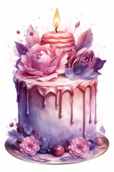 amazing detailed watercolor clipart of a beautiful detailed lilac and soft pink colored birthday cake, no caption, solid white background, cinematic light lighting, hyper-detailed, 8k, high resolution, symmetrical, full shot photograph, insanely detailed and intricate, beautiful, elegant, glamour, watercolor, cinematic