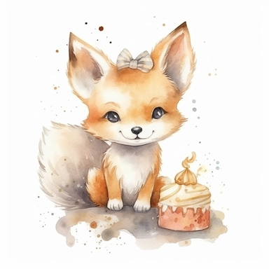 cute watercolor newborn soft beige baby fox toy smiling with stars and birthday cake, watercolor effect, isolated white background, babyshower clipart, soft beige tones