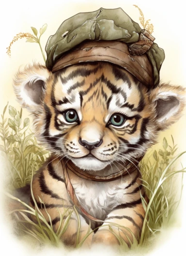 clipart,a cute little tiger in a field with a bowling cap on its head and a bandana on its neck,in the style of jody bergsma, 32k uhd, hand-painted details, charming character illustrations, dark brown and light beige,, aquarellist, hd , white background clipart