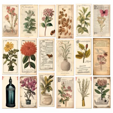 Craft vintage-inspired printable ephemera for junk journals featuring botanical illustrations, vintage advertisements, and newspaper clippings. Clipart isolated on solid white
