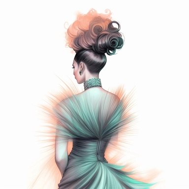 A color pencil illustration of a sophisticated fashion girl, adorned in a unique Haute Couture creation featuring oversized ruffles and dramatic feather accents, stands with her back towards us, her face obscured, showcasing a sleek chignon hairstyle. Clipart, color pencil illustration.
