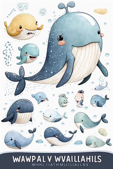 a whimsical cute whale cartoon clipart collection on white background with margins, watercolor, sprite sheet, 2d, icon, sticker art