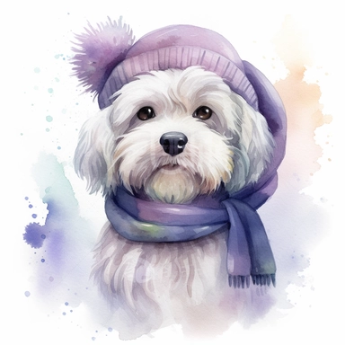 Cute Havanese puppy clipart ,happy expression, standing in dynamic pose, FLUFFY FUR, wears a COZY HAT, COTTON KNITTED SCARF, SWEATER, front view, in the style of watercolor cartoon clipart, kate greenaway style, high resolution, composition free space, pastel color scheme, soft and tender, watercolour clipart, watercolor illlustration for kids and children,isolated white background, clipart most popular on etsy, book illustration, featured on dribble,print on demand image, PNG tranparent backgro