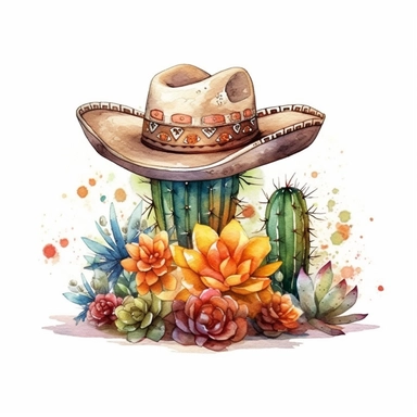 Develop an enchanting watercolor clipart illustration on a white isolated background vector, featuring an intricately painted leather cowboy hat with a burst of vibrant floral motifs gently placed on the sandy desert floor, leaning against a magnificent cactus plant. Emulate the artistic style of Cheng-Khee Chee, a renowned watercolor artist known for his luminous and atmospheric paintings, to create a composition that exudes tranquility and captures the beauty of the hat's connection with the d