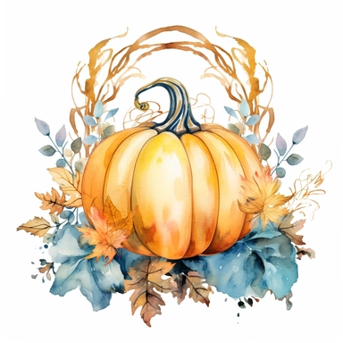 Watercolor pastel boho pumpkin with gold ornate watercolor sitting on pumpkin leaves white background. clipart
