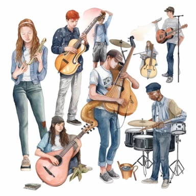 a delightful watercolor, hyper-realistic clipart image with a white background and white margins, showcasing a teen musicians. The ultra-detailed, hand-drawn elements capture the teen musicians.