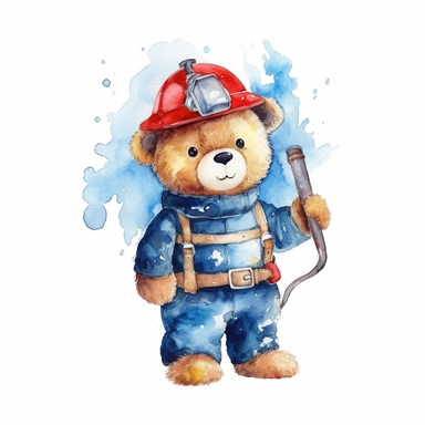 watercolor clipart white background moving living standing blue cartoon firefighter bear birthday in toy firefighter