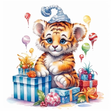 please create watercolor clipart of a baby tiger, smiling, wearing party clothes with birthday presents, vibrant colors, intricate details, isolated on white background, vivid colors, hdr, 8k