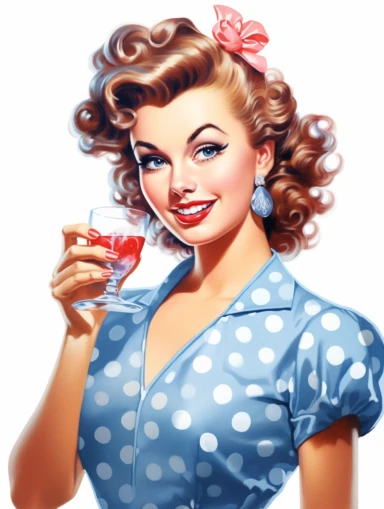 Portrait of a stunning housewife drinking cocktail against white background, in the style of vintage-inspired pin-ups, realistic figures, polka dot madness, neon indigo and blue , against white background clipart png