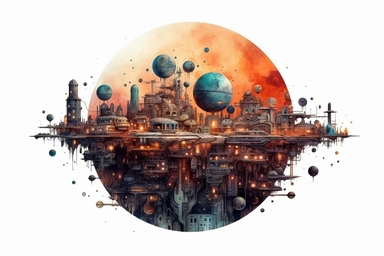 Watercolor, Design a planet with a city built entirely underground, hidden from view clipart, hd, on a white background, spaced out
