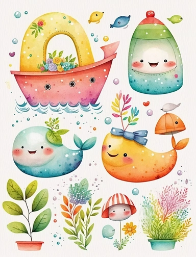 watercolor cute boats elements, clipart, vibrant rainbow colors, white background, 8k, high reso
