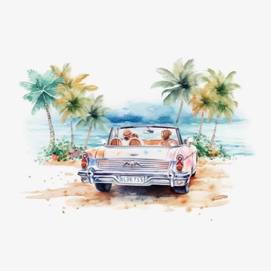 watercolor pastel clipart island style convertible wedding car beach wedding HD 4K Detail, white background