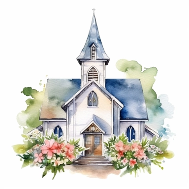 wedding venue, church, adorned with floral arrangements, watercolor clipart, realistic, bright colors, minimalist, isolated white background, 8k