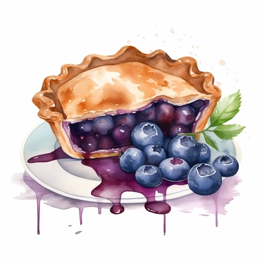 a watercolor of a blueberry pie , victorian style blueberry academy, blueberry purple nuances, vector free clipart illustration, in the style of unreal engine 5, 32k uhd, detailed features, white background