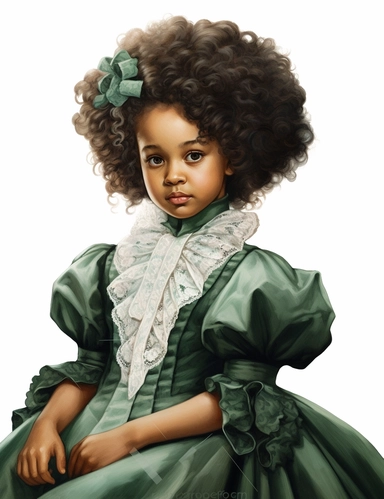 gorgeous african american baby girl with green eyes in vintage victorian dress, clipart, Composition: Relaxed position with intricate high hairstyle, Style: gothic, white background, hyperrealism, 32k