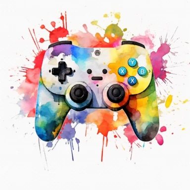 watercolor nintendo game controller clipart illustration, vibrant colors, transparent background, style of Ian mcque + banksy + invader, watercolor, Clipart, flat white background