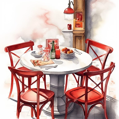 watercolor, hyper realistic, white background, white margins, 16k, ultra detailed clipart, cut out image, hand-drawn illustration style for picture books dining table in a bistro, warm red accents