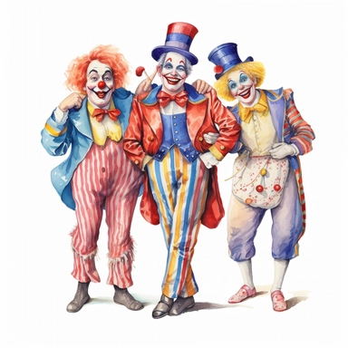 3 hand drawn vintage circus clowns acting silly , glamorous, soft, detailed and realistic, watercolor, clipart style, white background with margins