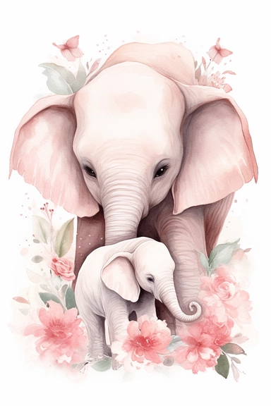 cute pink floral illustration, realistic adorable one baby cute Elephant hugging his cute mom, happy clipart, nursery style clipart, nursery animal art, kids wall art, baby room decor, isolated on white, ultra - detailed, high quality, ghibli style, award winning