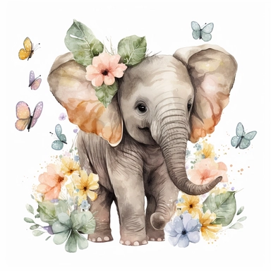 cute illustration of baby elephant with flower on head, flowers, soft and delicate colors, surrounded by butterflies, watercolor,white background, clipart