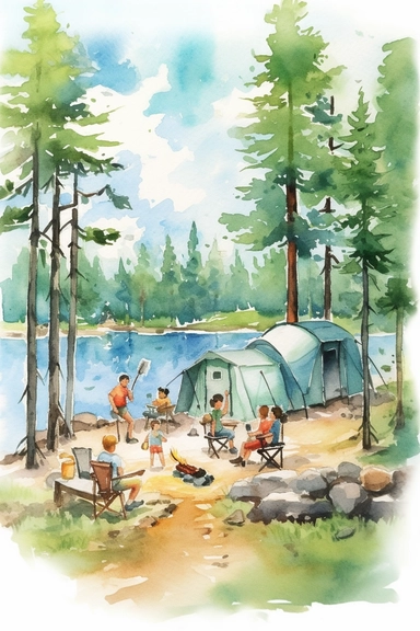 create a hand drawn watercolor clipart depicting families enjoying camping together, engaging in activities like hiking, fishing, or playing games, 4k,