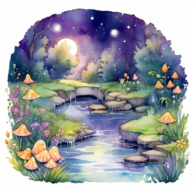 cartoon fairy glen by the River, grass and flowers line the sides if the river, glowing lights and sparkles, colors of green purple gold and blue, glamorous realistic and detailed, watercolor, white background with margins, clipart style