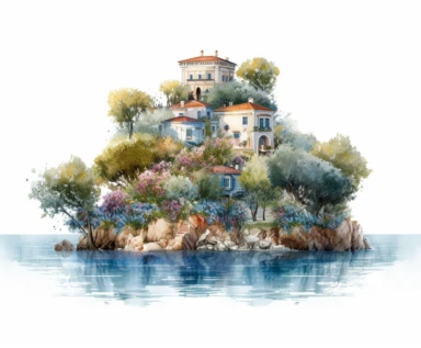 isolated on white illustration watercolor art of a elegant part of the sea embankment with small white houses and blooming trees with summer flowers, seaside, blue door, summer, Ionian architecture, masterpiece by Guido Borelli da Caluso style and by Vladimir Kush style and by John James Audubon style, PNG clipart, isolated on white, extreme photorealistic details, 32k HD resolution, realistic high detailization high resolution