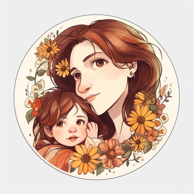 cute mom loving her little one art wallpaper, face closeup, in the style of dark amber and light amber, made of flowers, feminine sticker art, tokina opera 50mm f/1.4 ff, colorful drawings, massurrealism clipart, white background, png