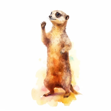 cute meerkat, standing on hind legs and scanning the surroundings, pastel watercolor, clipart, on a white background