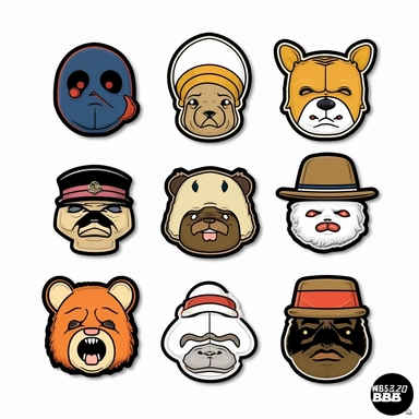 a set of black line clipart inspired by sushi and zombies and muppets and Care Bears and Funko Pop toys