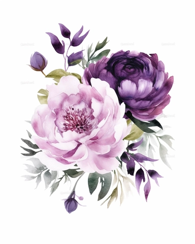 Watercolor Dark Purple Floral Arrangement, Individual Item, Watercolor Floral Composition, pale green Leaves, Plum Peony Flowers Clipart, PNG, a corner flower clipart on pure white background with margins, white background clipart