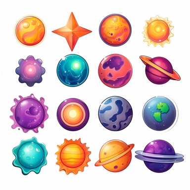 clip art designs of outer space, planets, aliens, stars, moons, suns