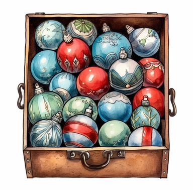Ella bailey watercolour illustration with black gel pen outline style box of vintage christmas ornaments, high definition, 8k, insanely detailed, fine detail, sharp focus, illustration, white background, isolated clipart vector