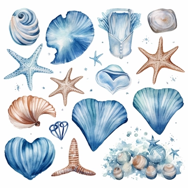 The beach blue waves has heart, couple, snails, starfish. . . , Watercolor Clipart, details