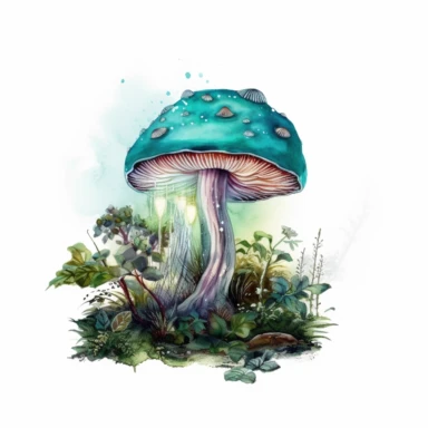 magic mystical jade, Mushroom, storybook, fairytale, light watercolour clipart, bioluminescence, enchanted forest, white background