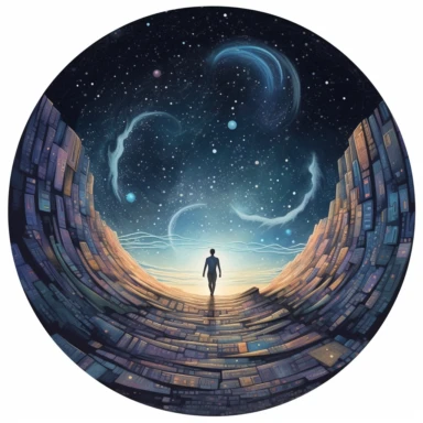 a clipart style image showing an aerial, circular view of a human figure progressing down an illuminated pathway. The backgrounf is a galaxy starscape.