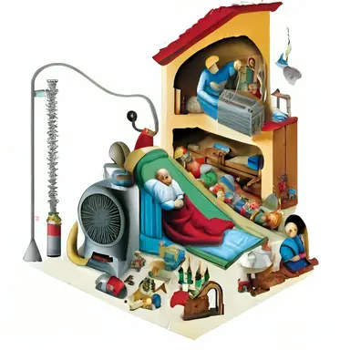 diagrammatic of a christmas crib including a vacuum cleaner and a big baby jesus, clipart