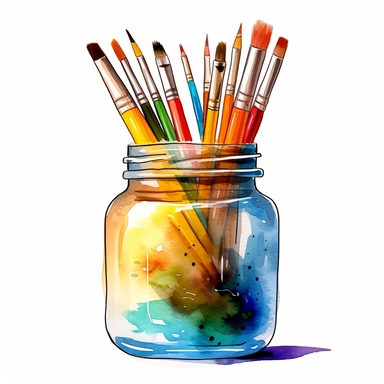 watercolour artist paint brushes in a jar of water clipart no splashes or drips HD high resolution, clear sharp lines, hyper detailed realistic on a white background