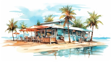 Beach Coffee shop clipart water color cyan retro style