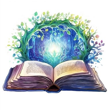 Solid white background, Detailed watercolor open ancient magic book that is encased in enchanted vines that form an alter for the open book to sit, greenblue northern lights glow from the book's pages, clipart. The visable pages of the book have sketched magic circles on them visibly