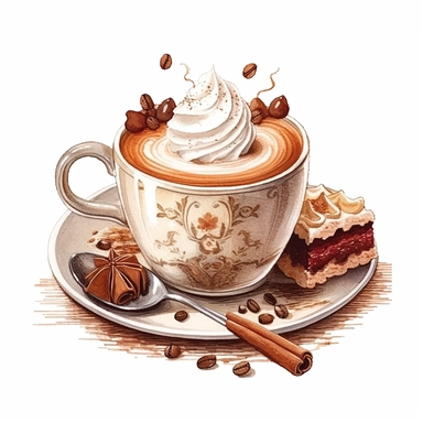 vintage hot cappuccino plan heart and little cake and chocolate sticks digital clipart on white background