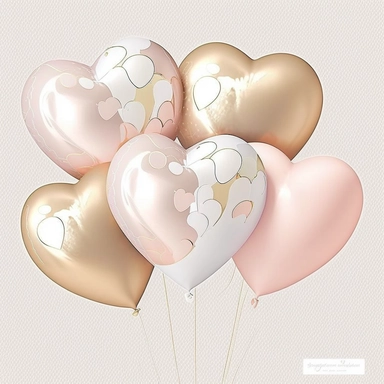 a bunch of 5 isolated rainbow pastel pink gold pearl hearts balloons with strings, plastercine, soft illustration light, clipart svg, Spotless white background with margins. Highly Detailed. Clip-art set. cut-out images. Realistic. white background 255:255:255