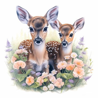 cute but realistic color pencil sketch clipart. baby deers, sitting in the flowers
