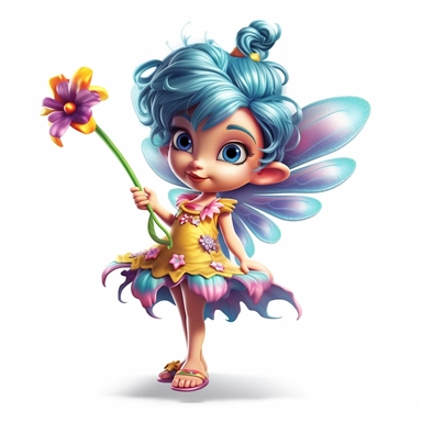 A 3D brightly colored cartoon character design of a tiny fairy with butterfly wings, wearing a flower dress, and a wand, with high detail, clipart stickers